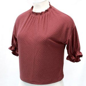 Madewell Women Burgundy Polka Dot Mock Neck Top Blouse Small